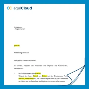 Anmeldung einer Aktiengesellschaft (AG) zum Registergericht - Vorlage für Handelsregistereintrag - Vorschau