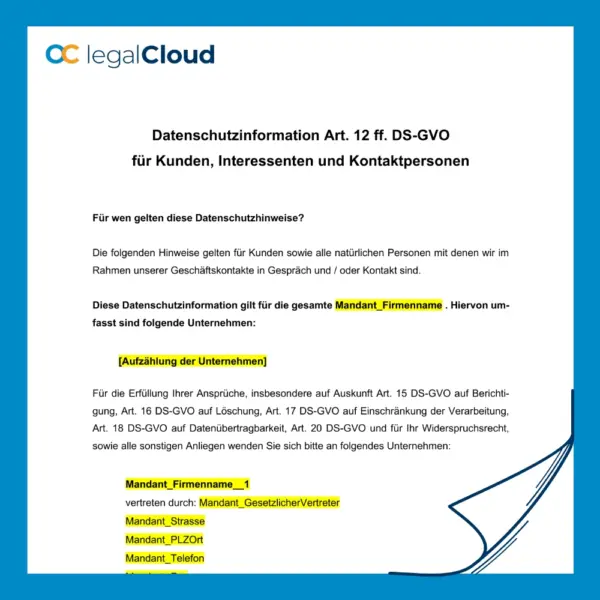 Datenschutzinformationen für Kunden, Interessenten und Kontaktpersonen Art. 12 DSGVO (D41) - Vorschau