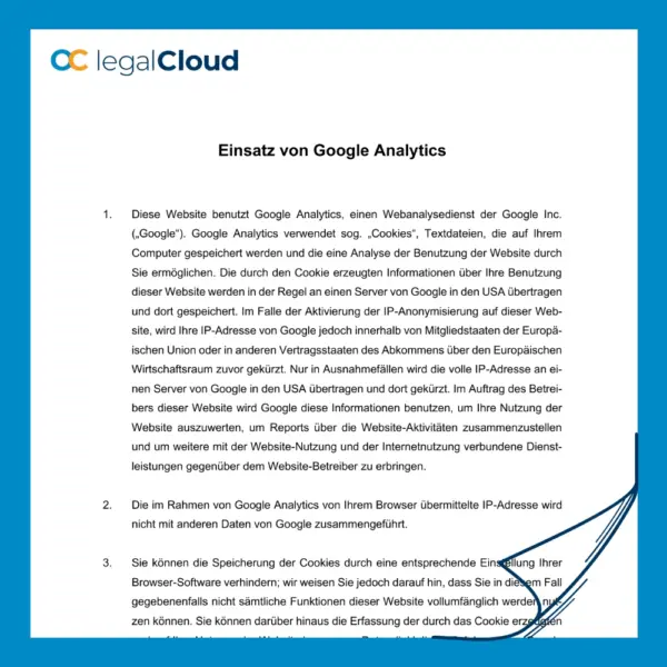 Einsatz von Google Analytics und Tracking Tools - DSGVO konforme Datenschutzerklärung (D65) - Vorschau