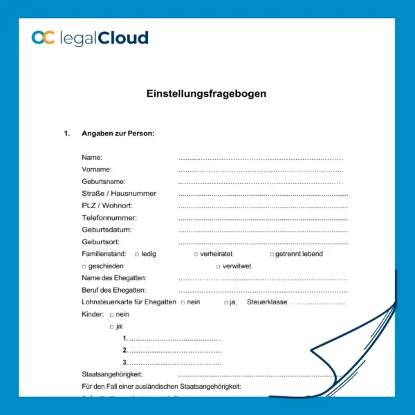 Einstellungsfragebogen für Arbeitnehmer - rechtssichere Vorlage für Personalabteilungen - Vorschau