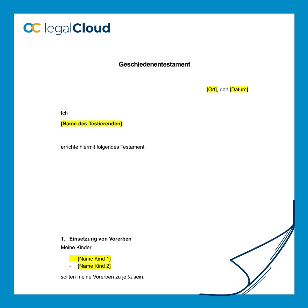 Geschiedenentestament - Vorlage für geschiedene Eltern mit minderjährigen Kindern - Vorschau
