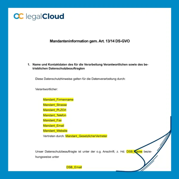 Mandanteninformation - DSGVO Informationspflichten Art 13 und 14 (D87) - Vorschau