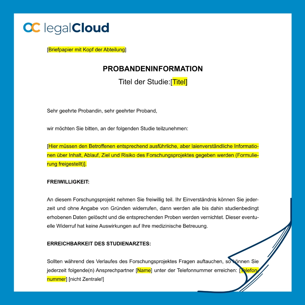 Probandeninformation und Einwilligungserklärung - Datenschutz medizinische Studie (D92) - Vorschau