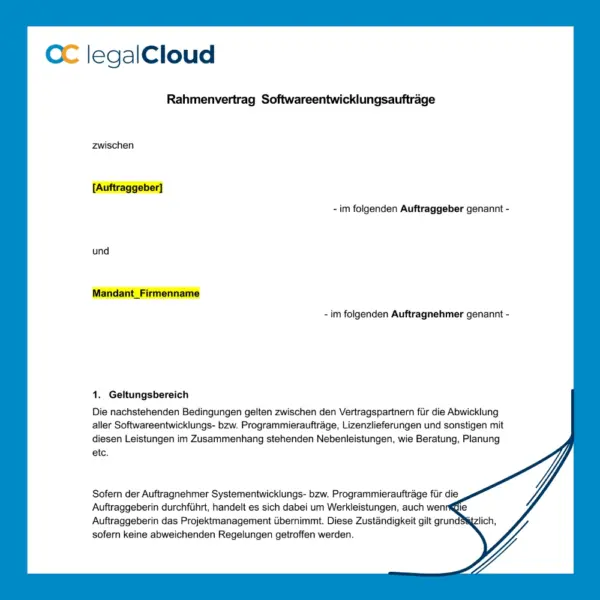 Rahmenvertrag Softwareentwicklung mit Einzelauftrag - rechtssichere Vorlage - Vorschau