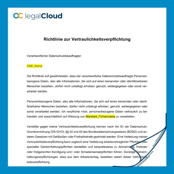 Richtlinie Vertraulichkeitsvereinbarung - Datenschutz und Geheimhaltungspflichten (D57) - Vorschau