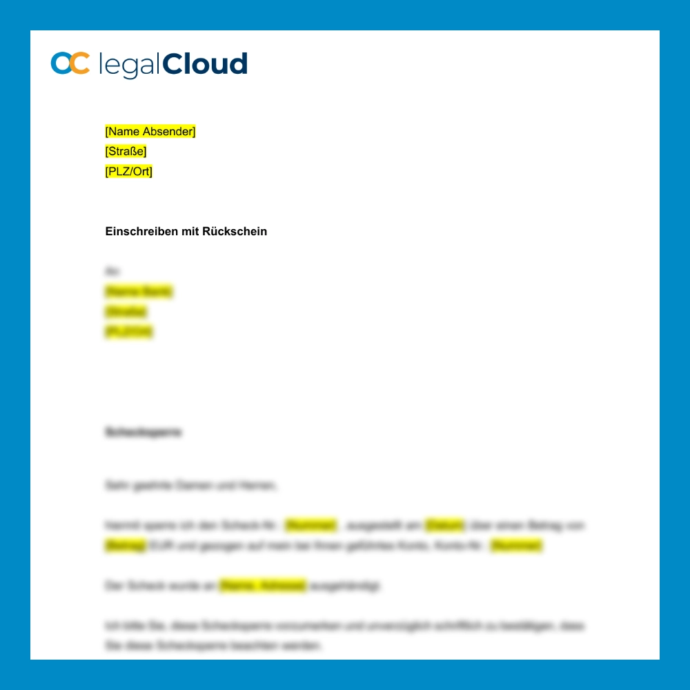 Schecksperre Vorlage - Musterbrief zur Sperrung eines Schecks - Vorschau