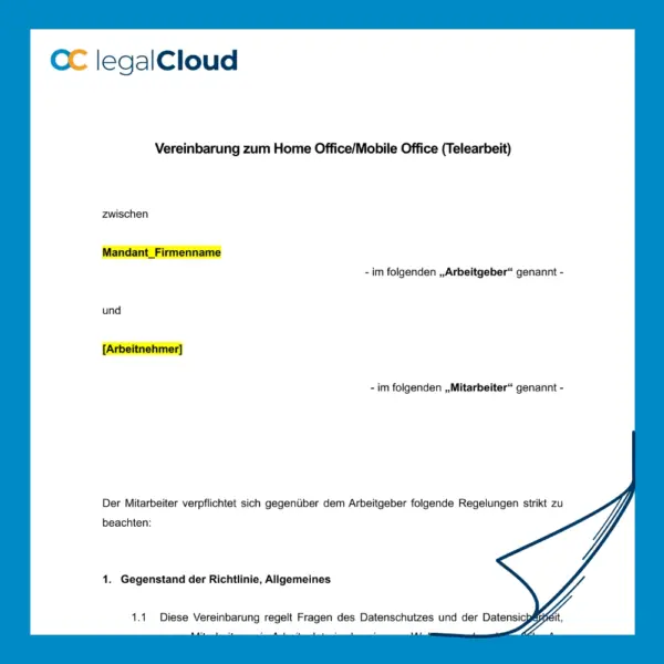 Vereinbarung Home Office Mobile Office Muster mit Datenschutz Merkblatt (D14) - Vorschau