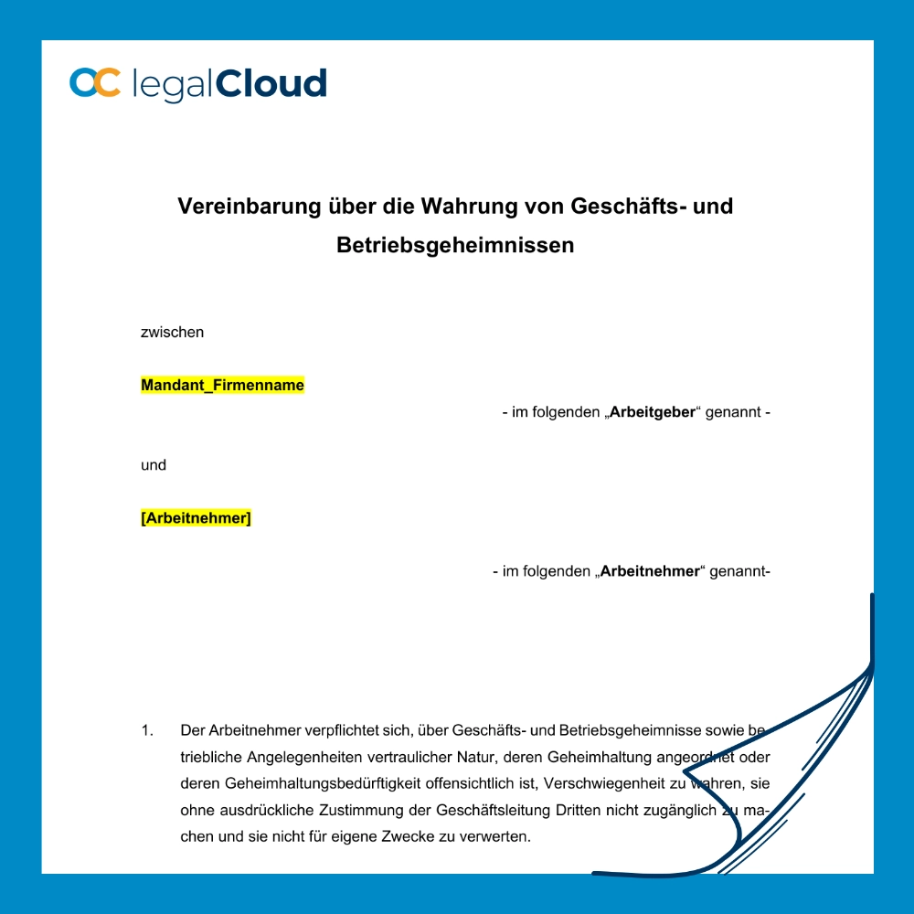 Vereinbarung Wahrung Geschäfts- und Betriebsgeheimnisse Muster mit Merkblatt (D69) - Vorschau
