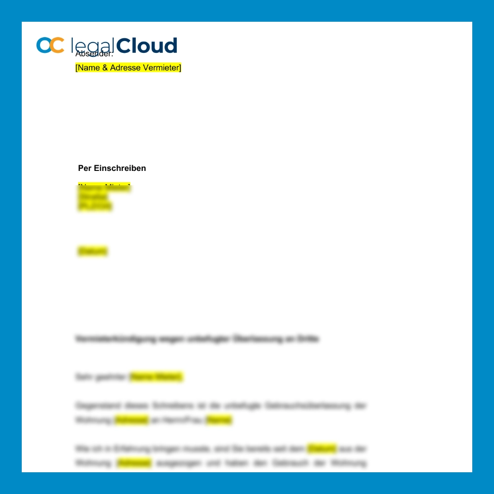 Vermieterkündigung unbefugte Überlassung an Dritte - Muster für fristlose Kündigung nach §543 BGB - Vorschau