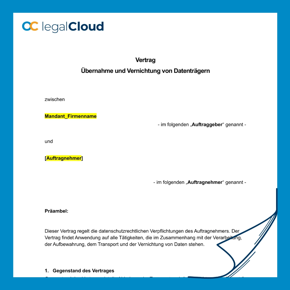 Vertrag Übernahme und Vernichtung von Datenträgern rechtssicher Muster (D115) - Vorschau