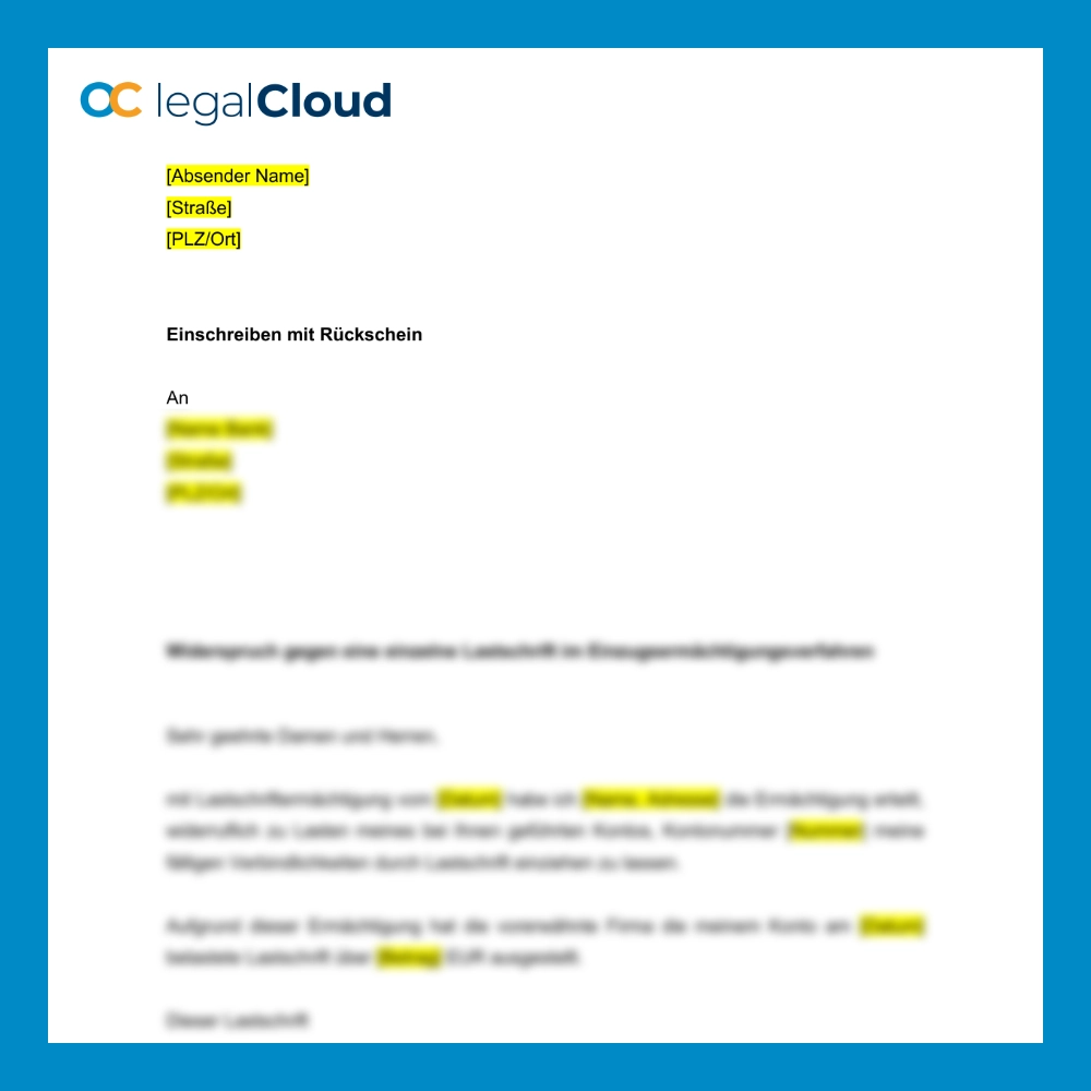 Widerspruch gegen Lastschrift - Vorlage Einzugsermächtigungsverfahren - Vorschau